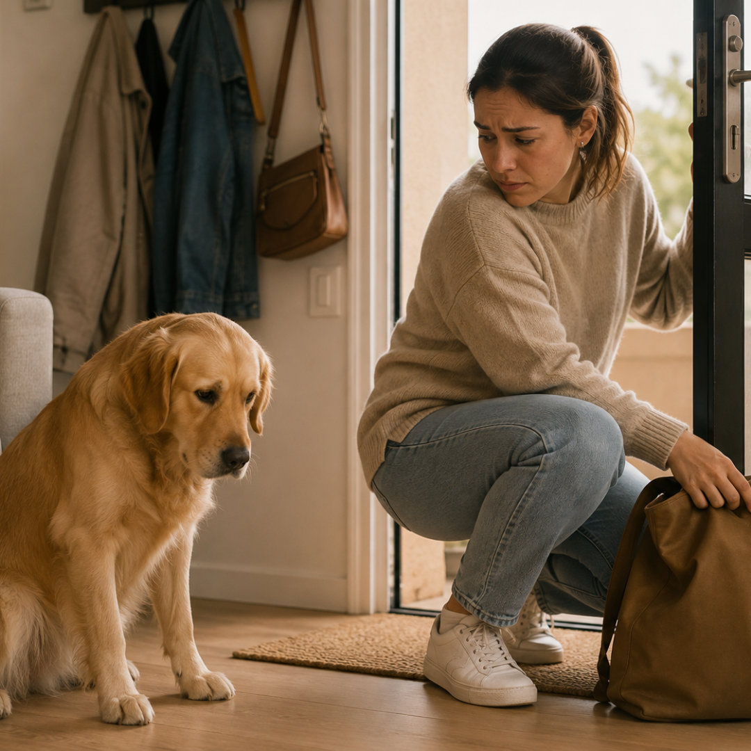 Dueña preparándose para salir de casa junto a su perro